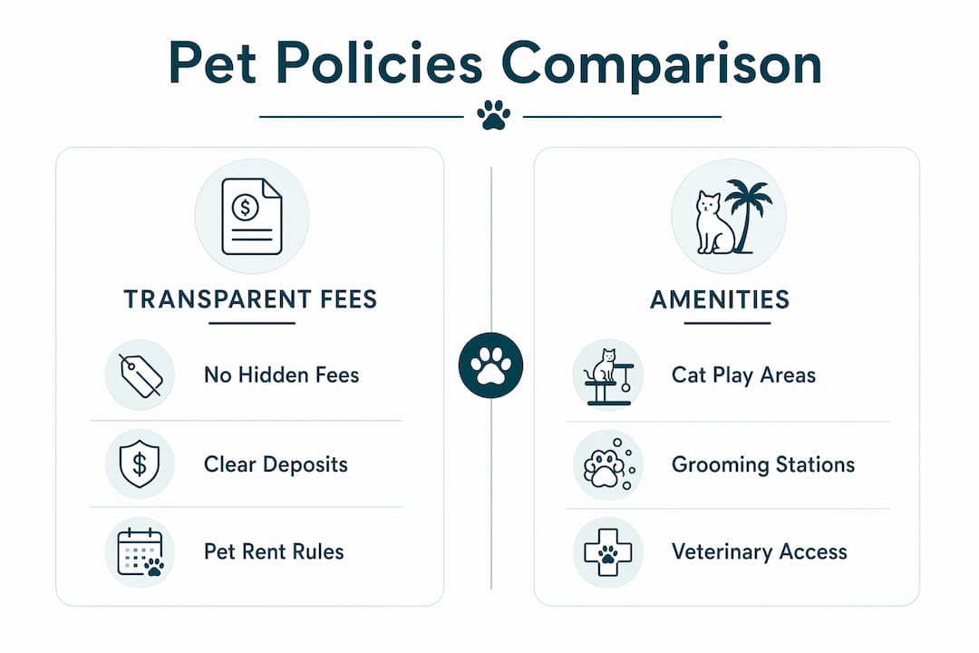 Cat-Friendly Apartment Communities Comparison: 2026 Guide 1 Infographic comparing cat apartment pet policies and amenities
