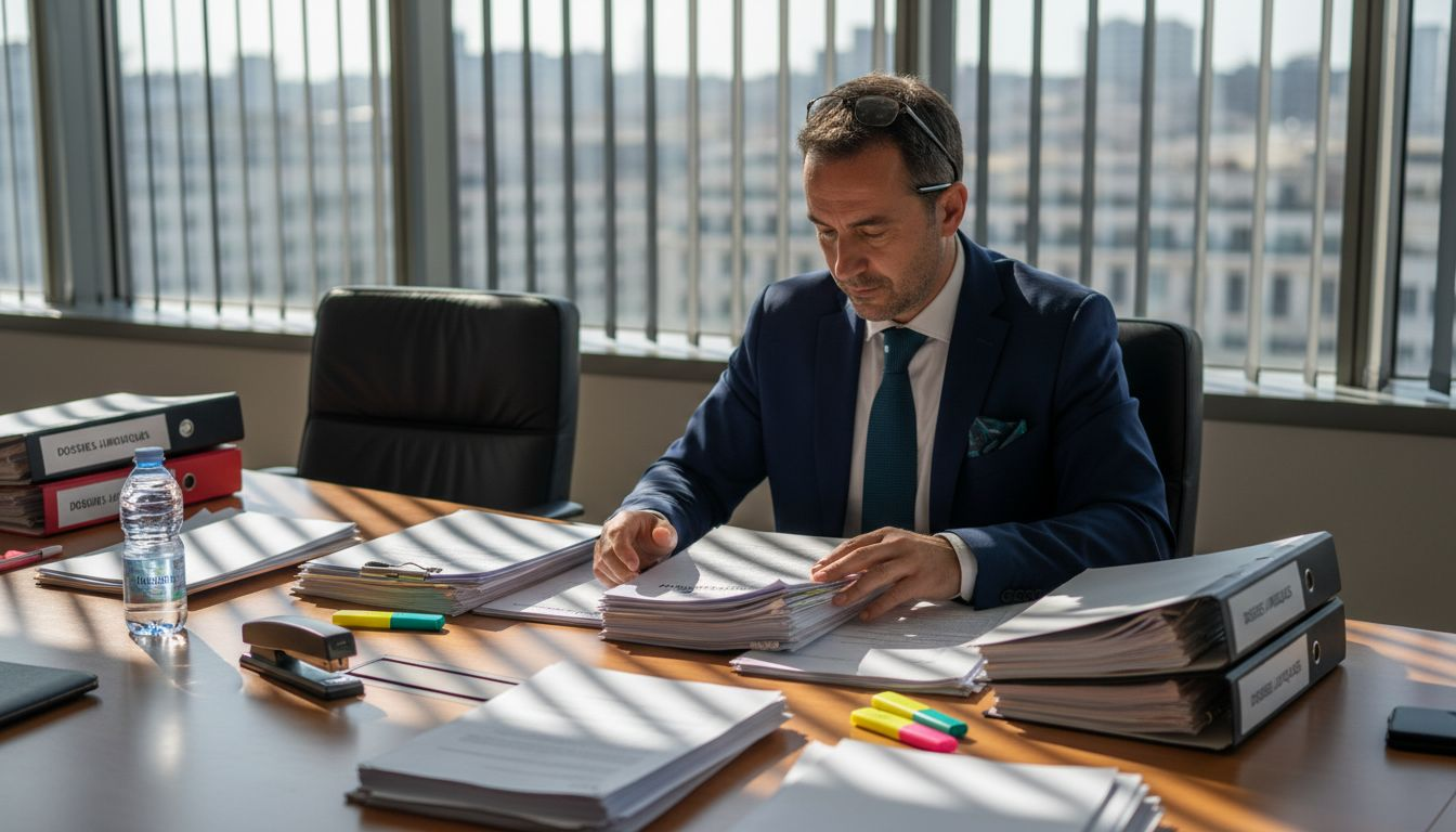 Un homme passe en revue des documents juridiques autour de la table de réunion.