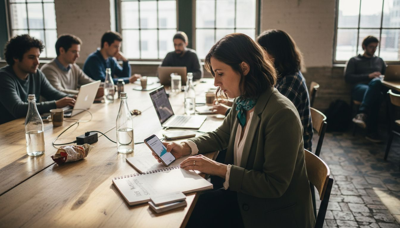 Une entrepreneure évolue dans un espace de coworking accueillant et multiculturel.