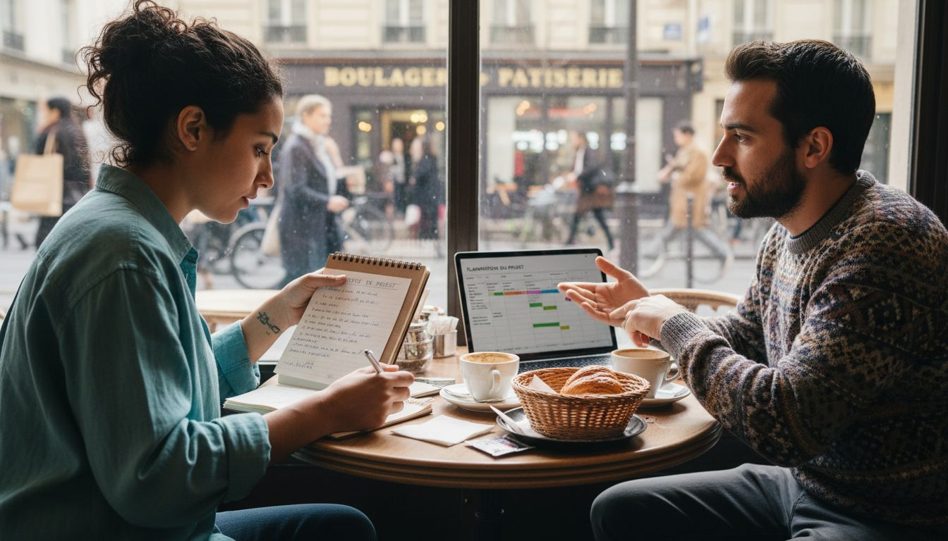 Des entrepreneurs échangent des idées et travaillent ensemble autour d’un café animé, profitant de l’énergie et de l’effervescence du lieu pour stimuler leur créativité.