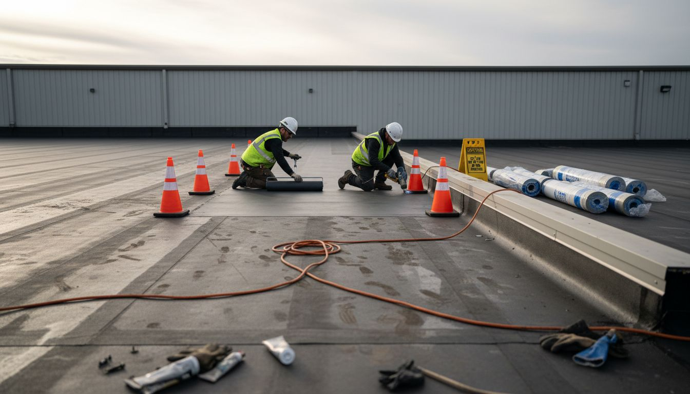 Roofers repairing commercial flat roof