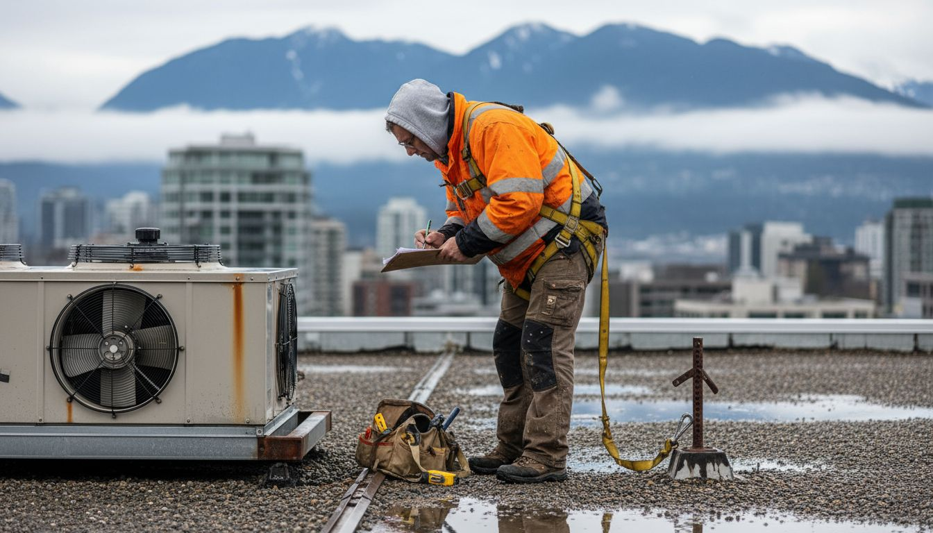 Inspector checking commercial roof in Vancouver