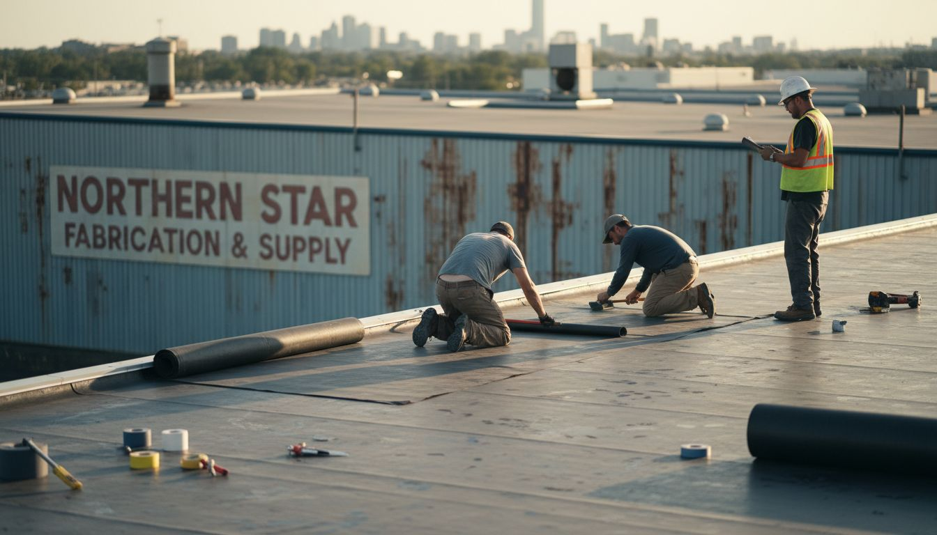 Roofers applying membrane to industrial roof