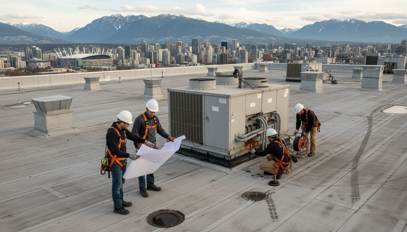 Crew inspecting large industrial rooftop in BC
