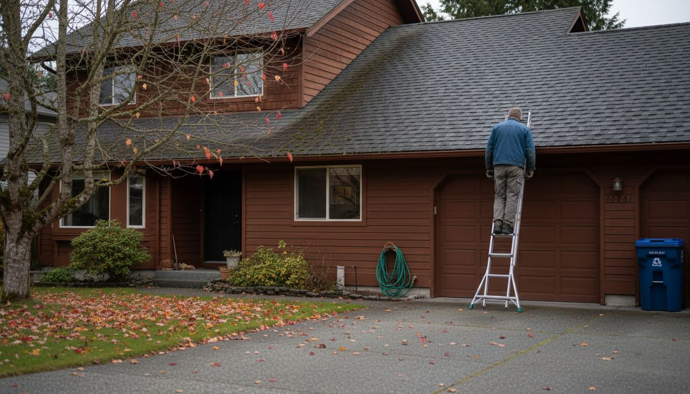 Contractor inspecting asphalt roof on BC home