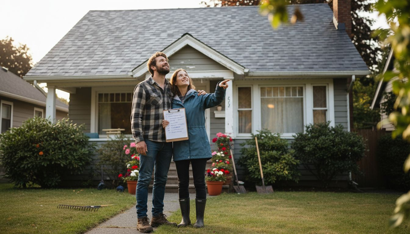 Couple inspecting new roof shingles curb appeal