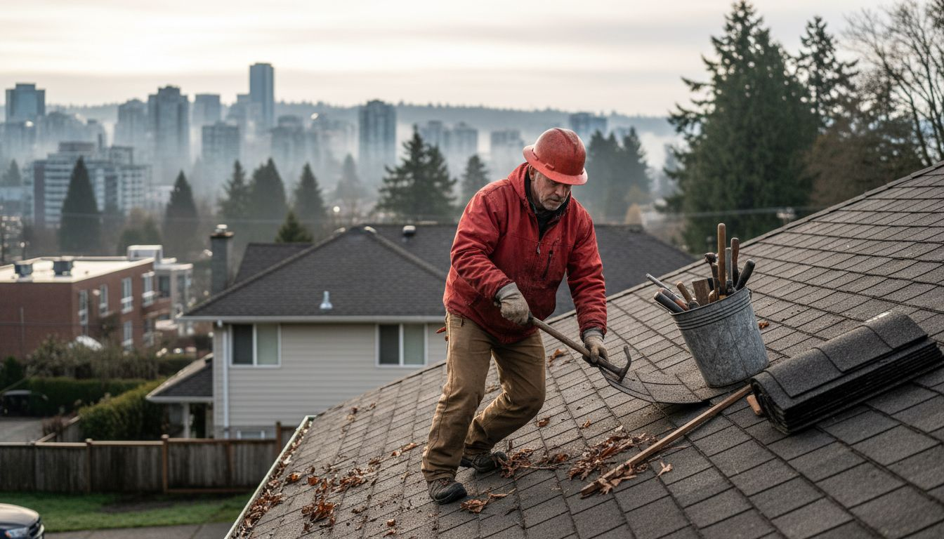 Roofing contractor replacing shingles on Vancouver home