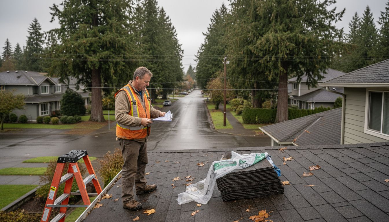 Roofer with clipboard on Vancouver home roof