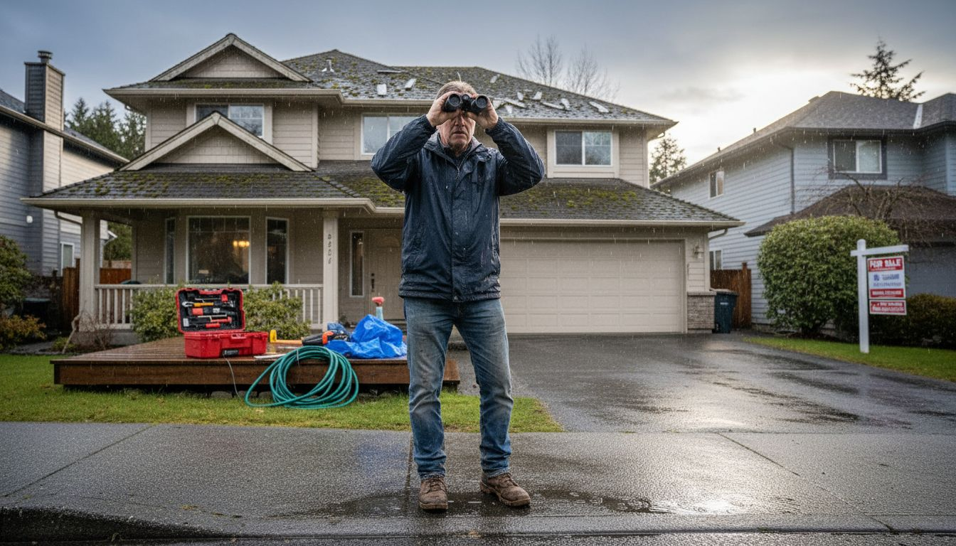 Homeowner inspects roof for storm damage