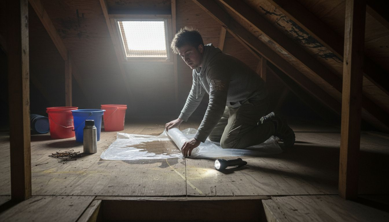 Person applies emergency patch in attic