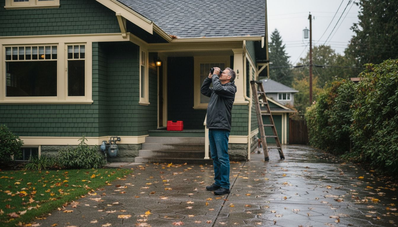 Homeowner inspecting Vancouver roof for damage