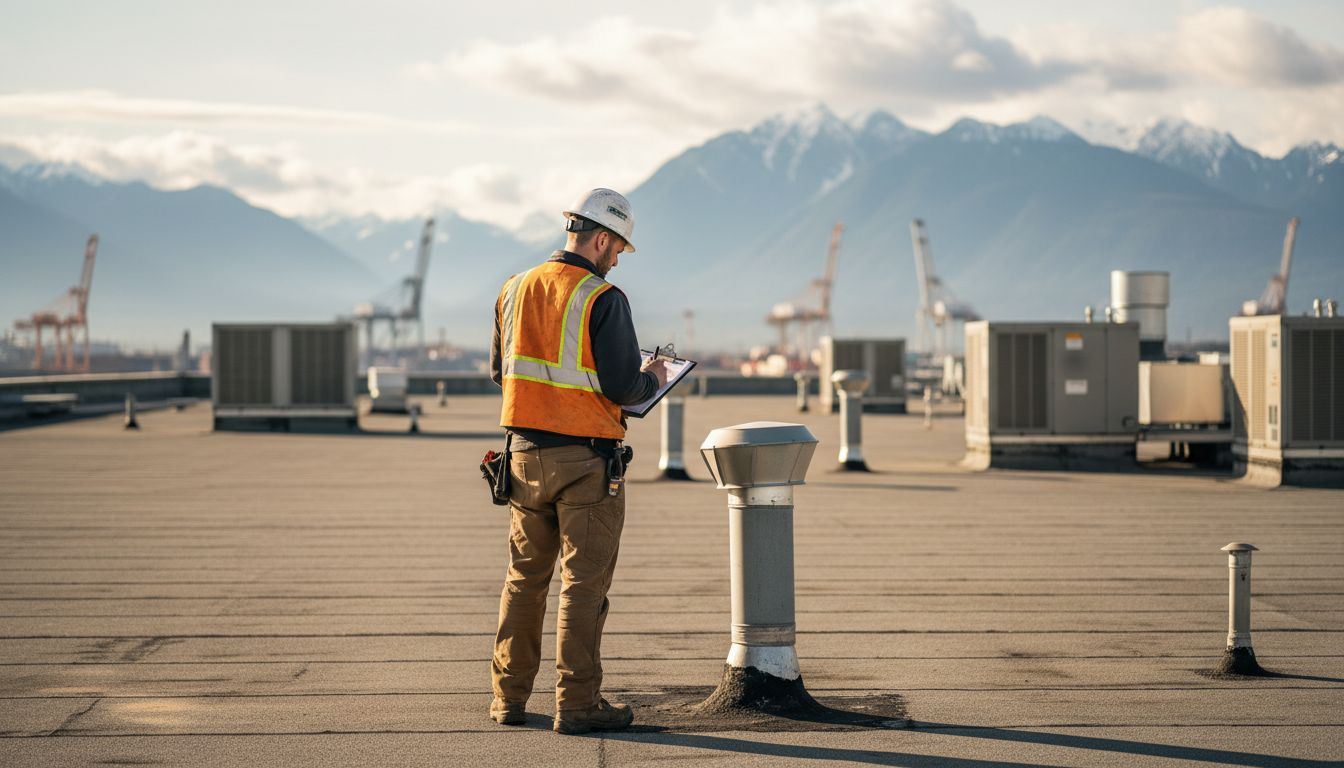 Roof inspector reviewing industrial roof details