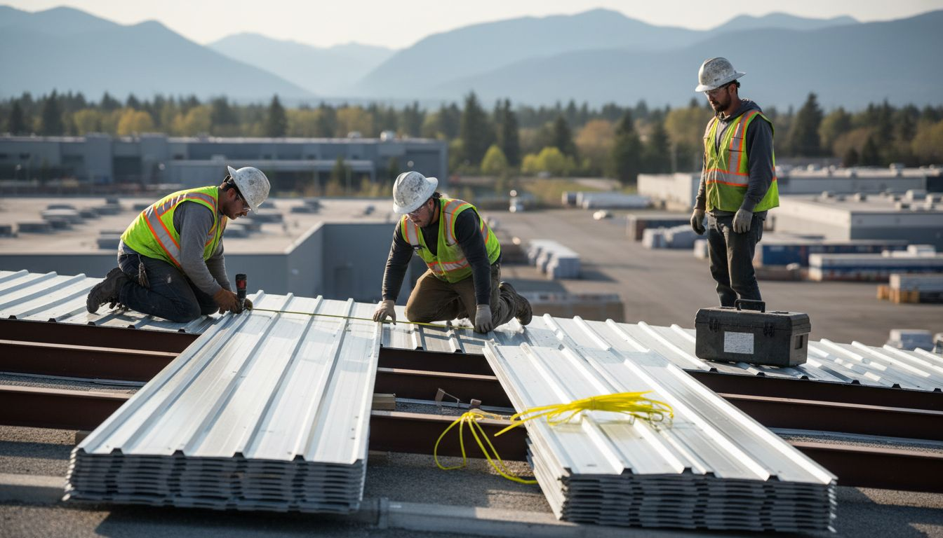 Workers installing steel panels on roof