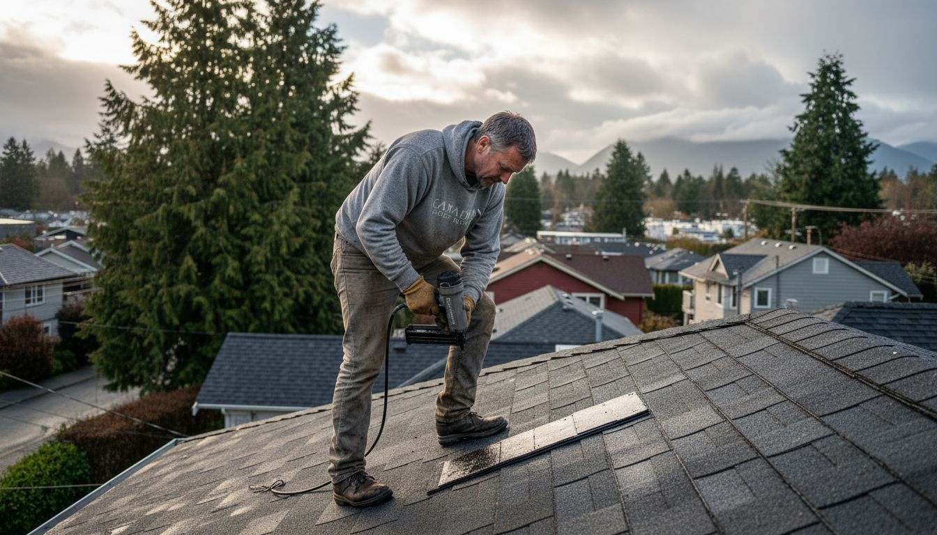 Roofer installing asphalt shingles Vancouver home