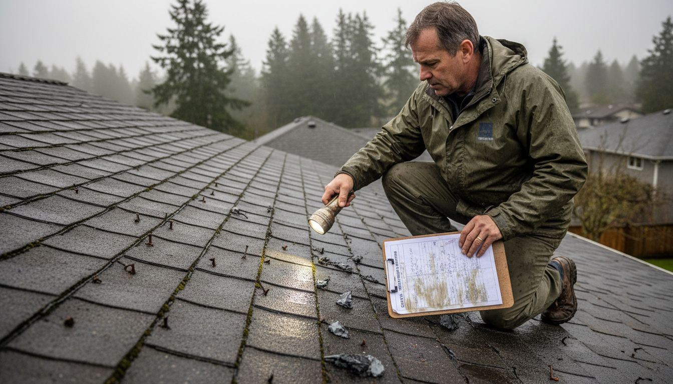 Technician inspecting damp Vancouver roof leak