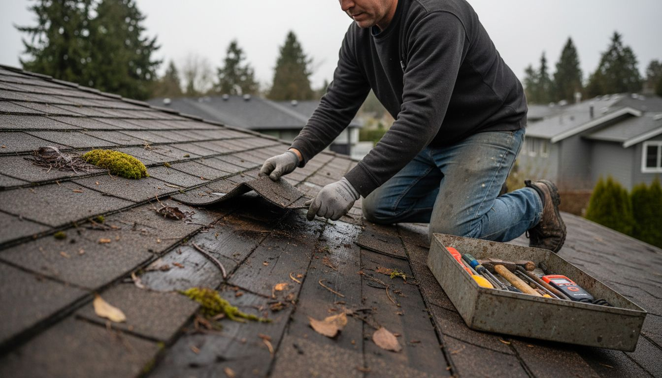 Contractor checks roofing material damage