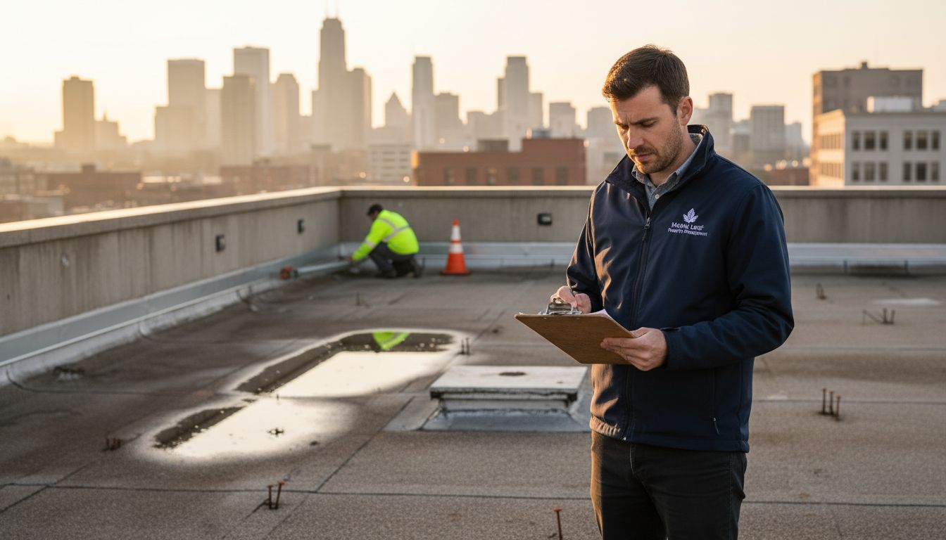 Property manager inspecting commercial building roof