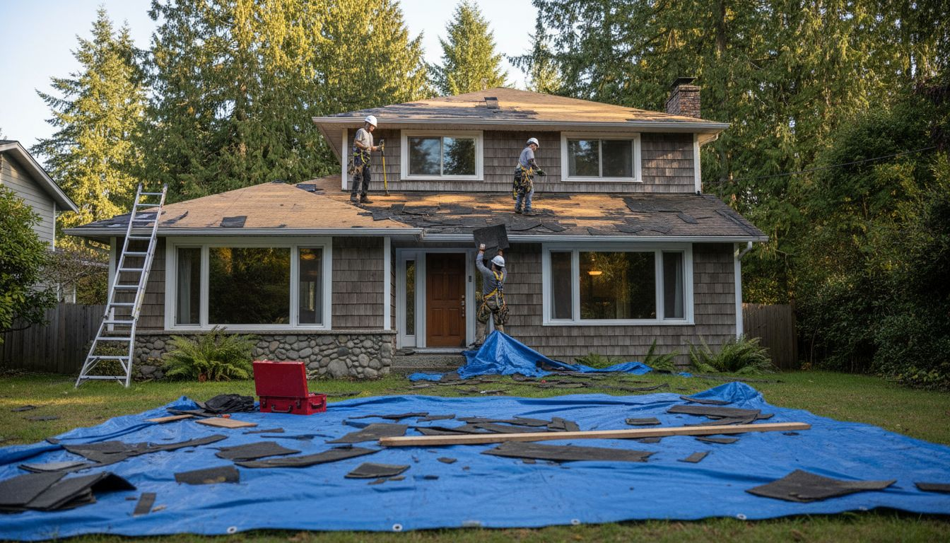 Roofers removing shingles from BC home