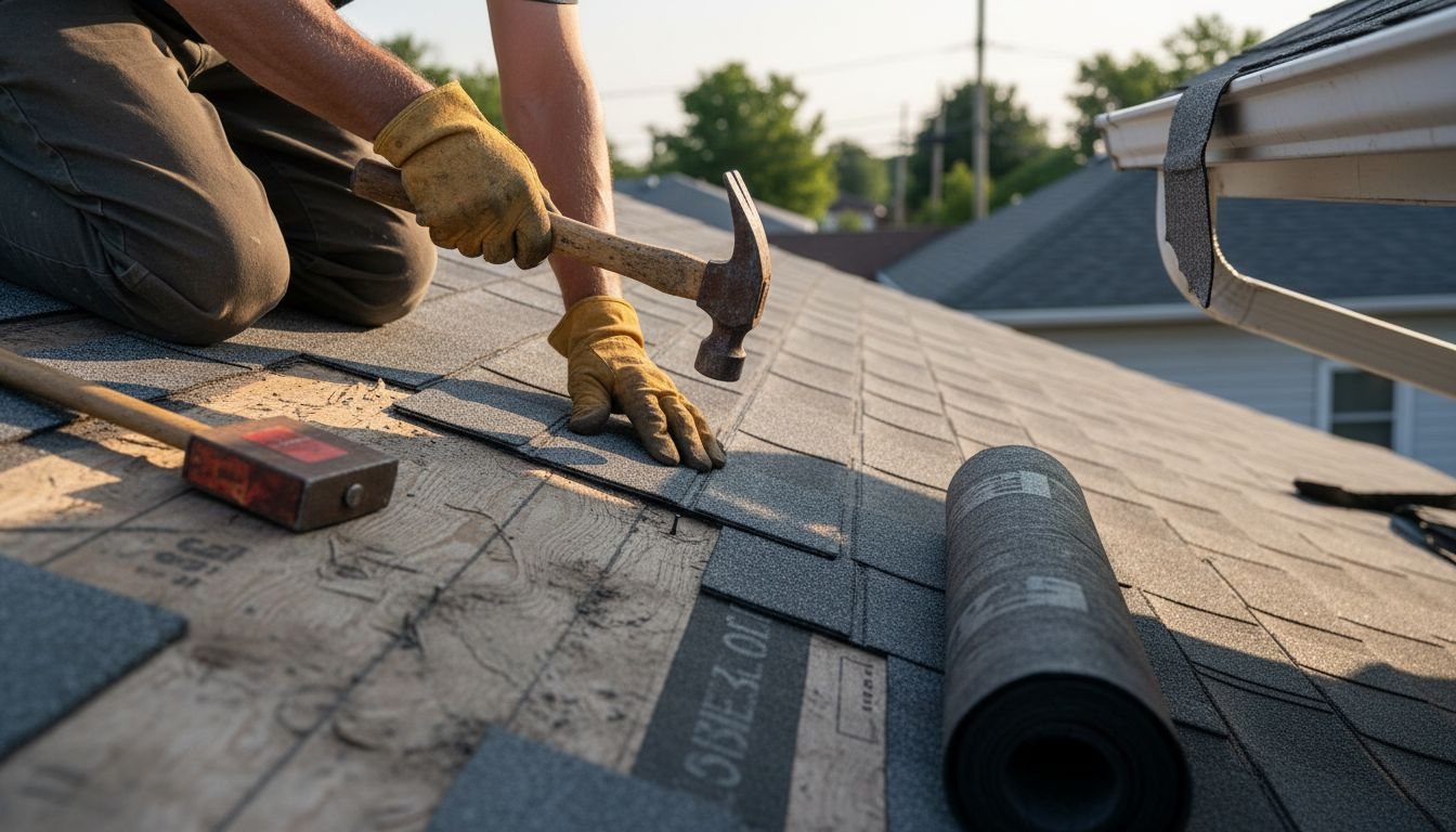 Roofer installing asphalt shingles close-up