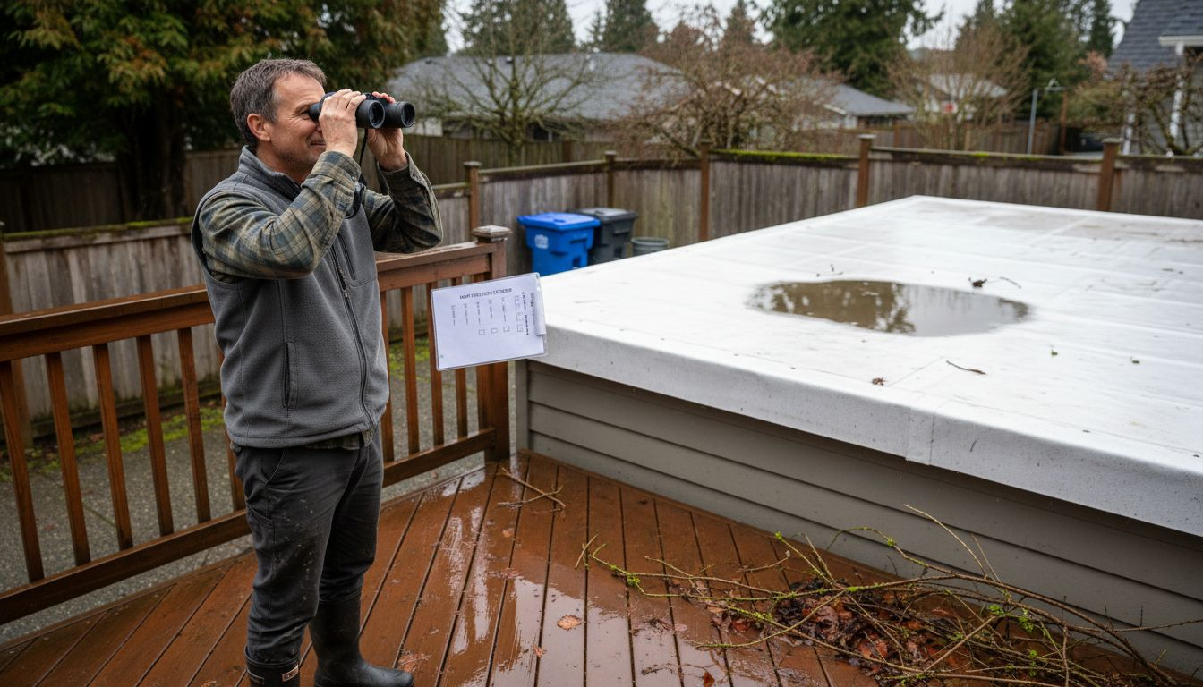 Vancouver homeowner inspecting TPO roof in rain