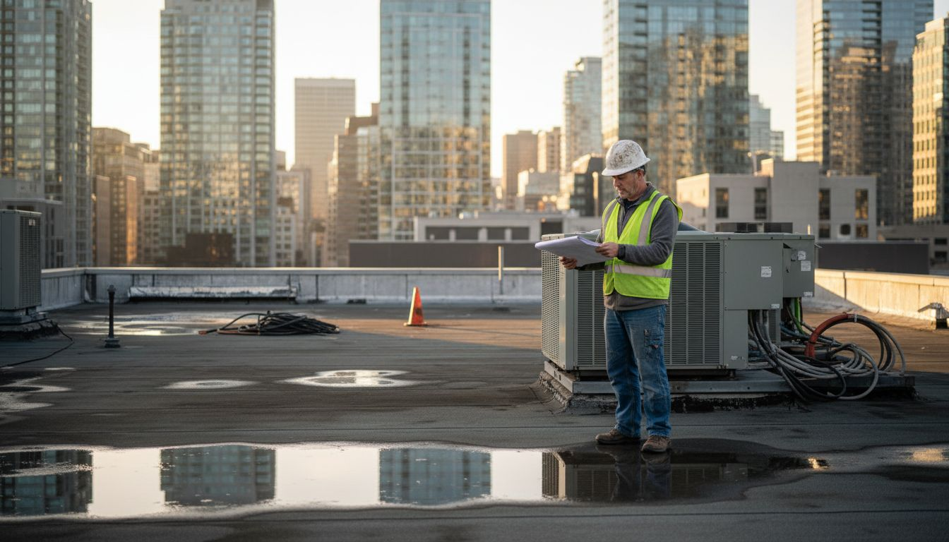 Roofing inspector reviews plans on Vancouver rooftop
