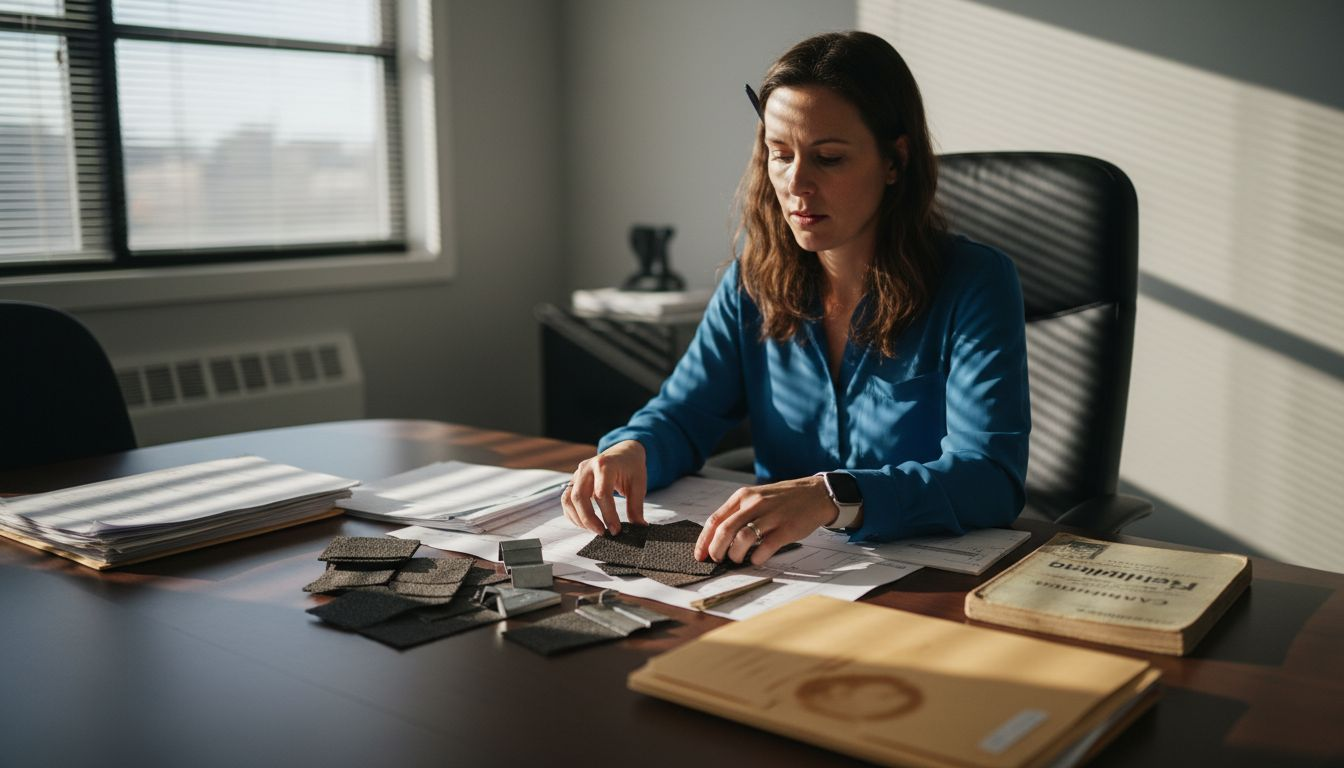 Manager examining roofing material options