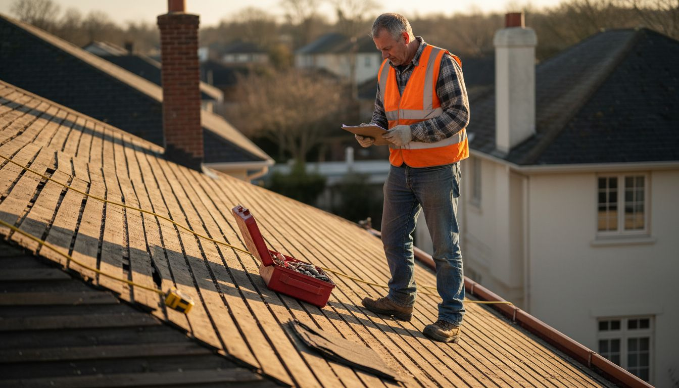 Crew leader inspects existing home roof