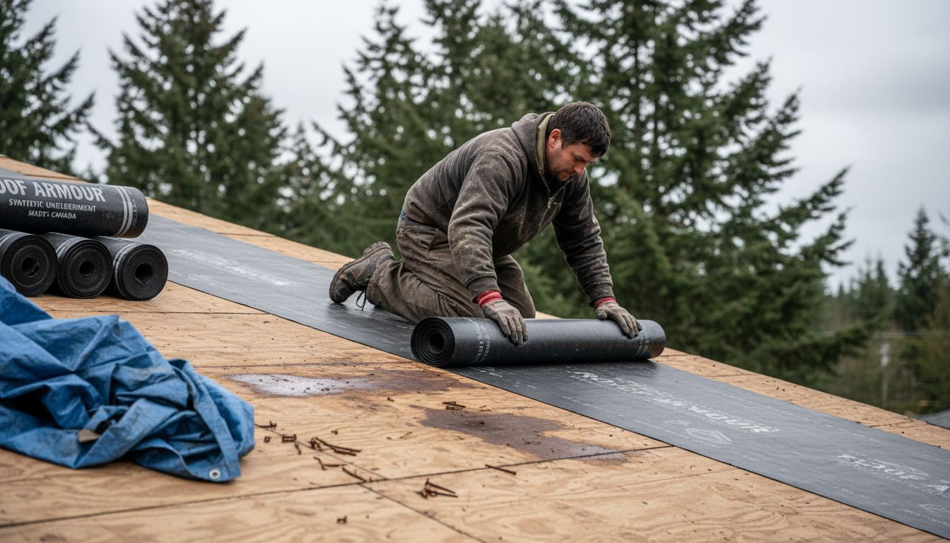 Technician installing roof underlayment prep
