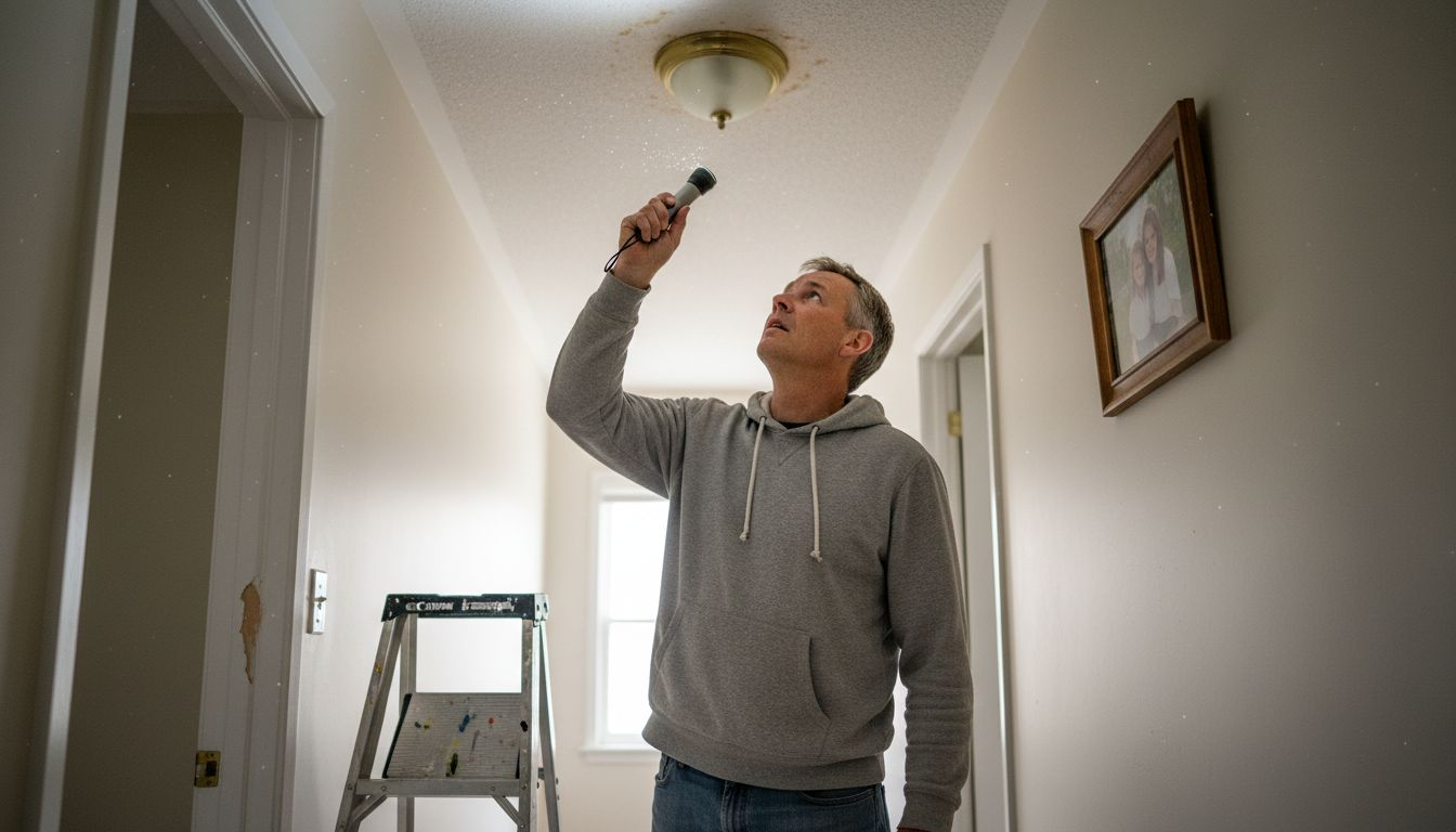 Homeowner inspecting ceiling water stain