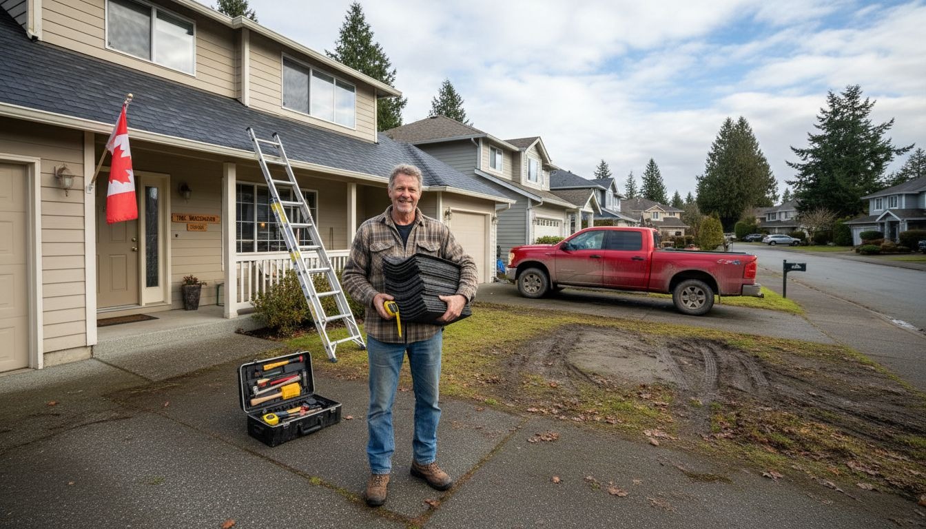 Homeowner with asphalt shingles outside Canadian house