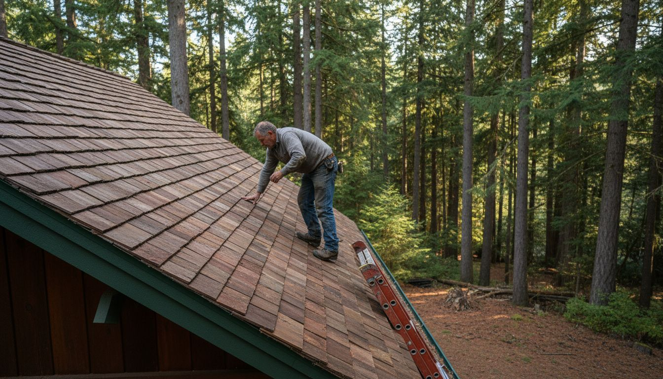 Cedar shake roof on BC home with forest