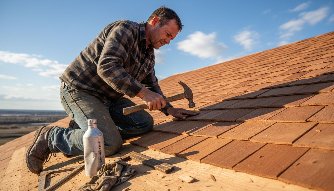 Closeup cedar shingle roof installation scene