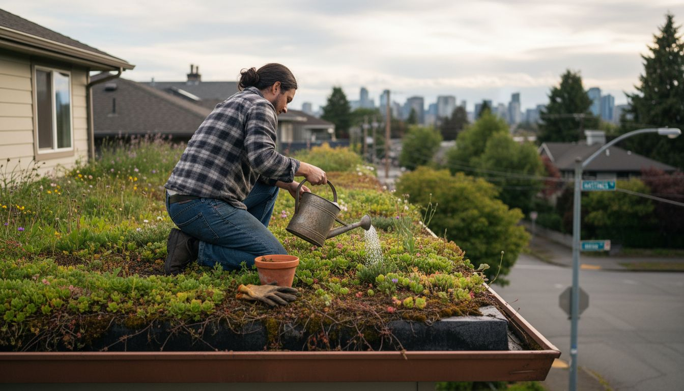 Vancouver homeowner tending green roof garden