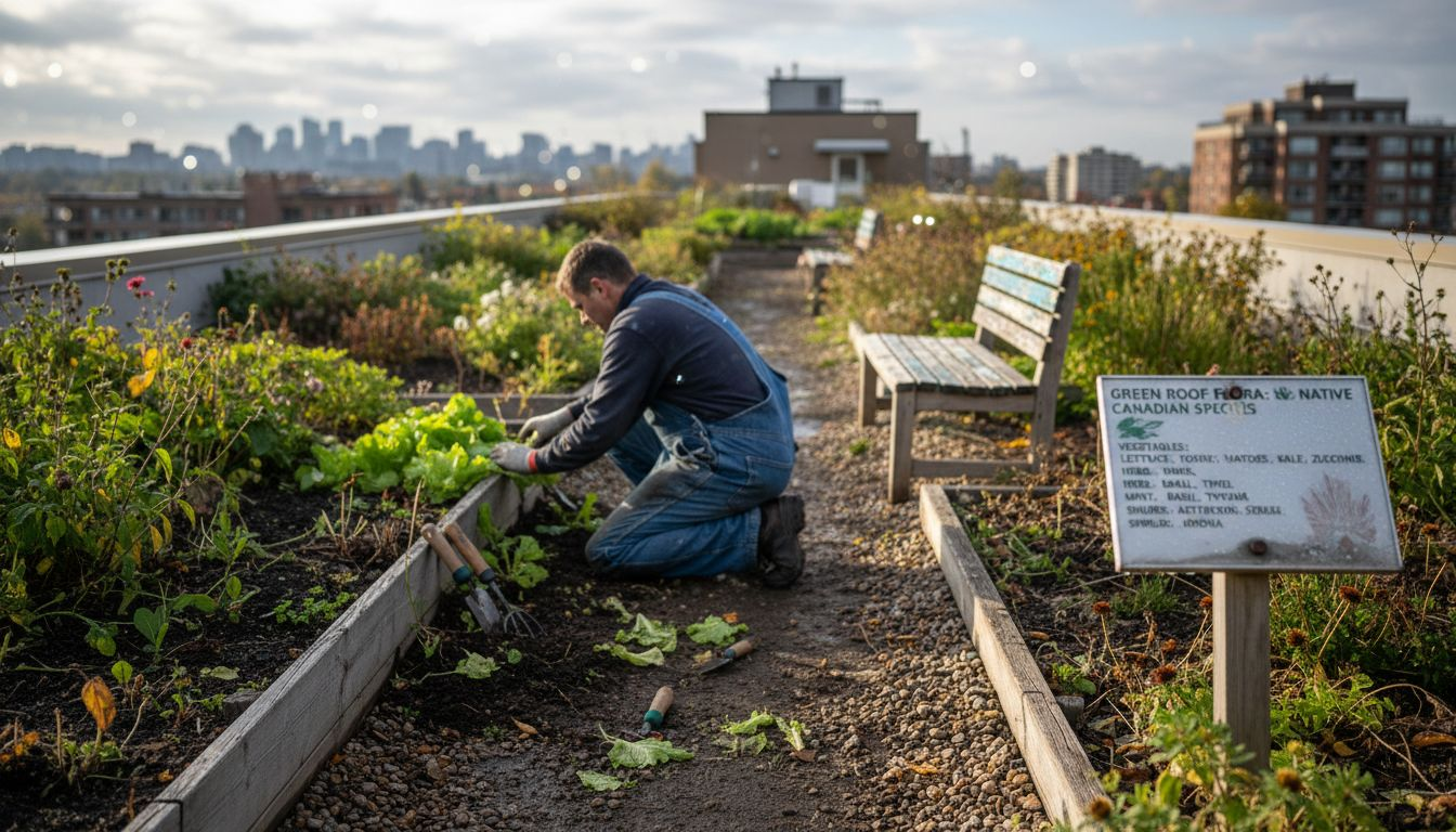 Worker maintaining intensive Canadian green roof