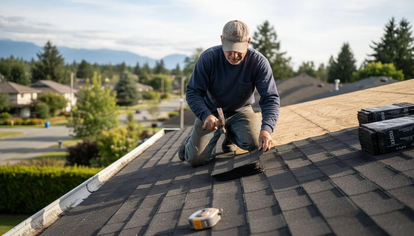 Roofer installing asphalt shingles on BC home