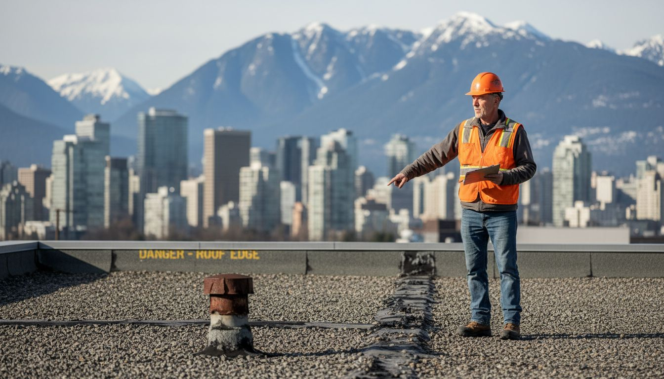 Roofer inspecting BC strata building roof
