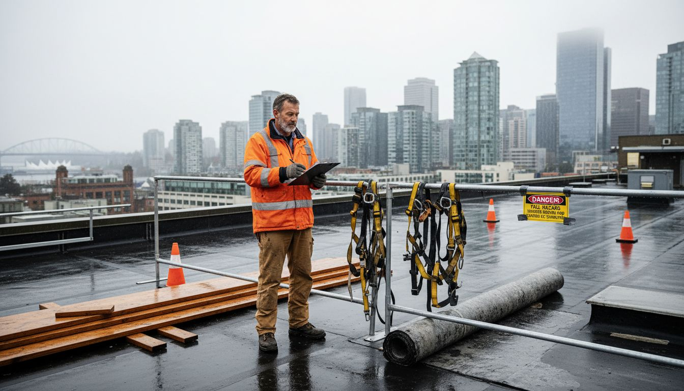Roofer checks safety atop Vancouver roof