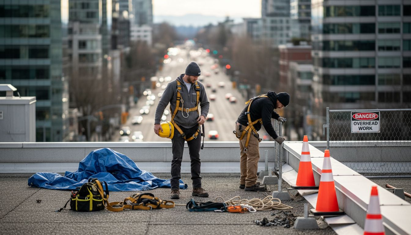 Team sets up roofing safety gear