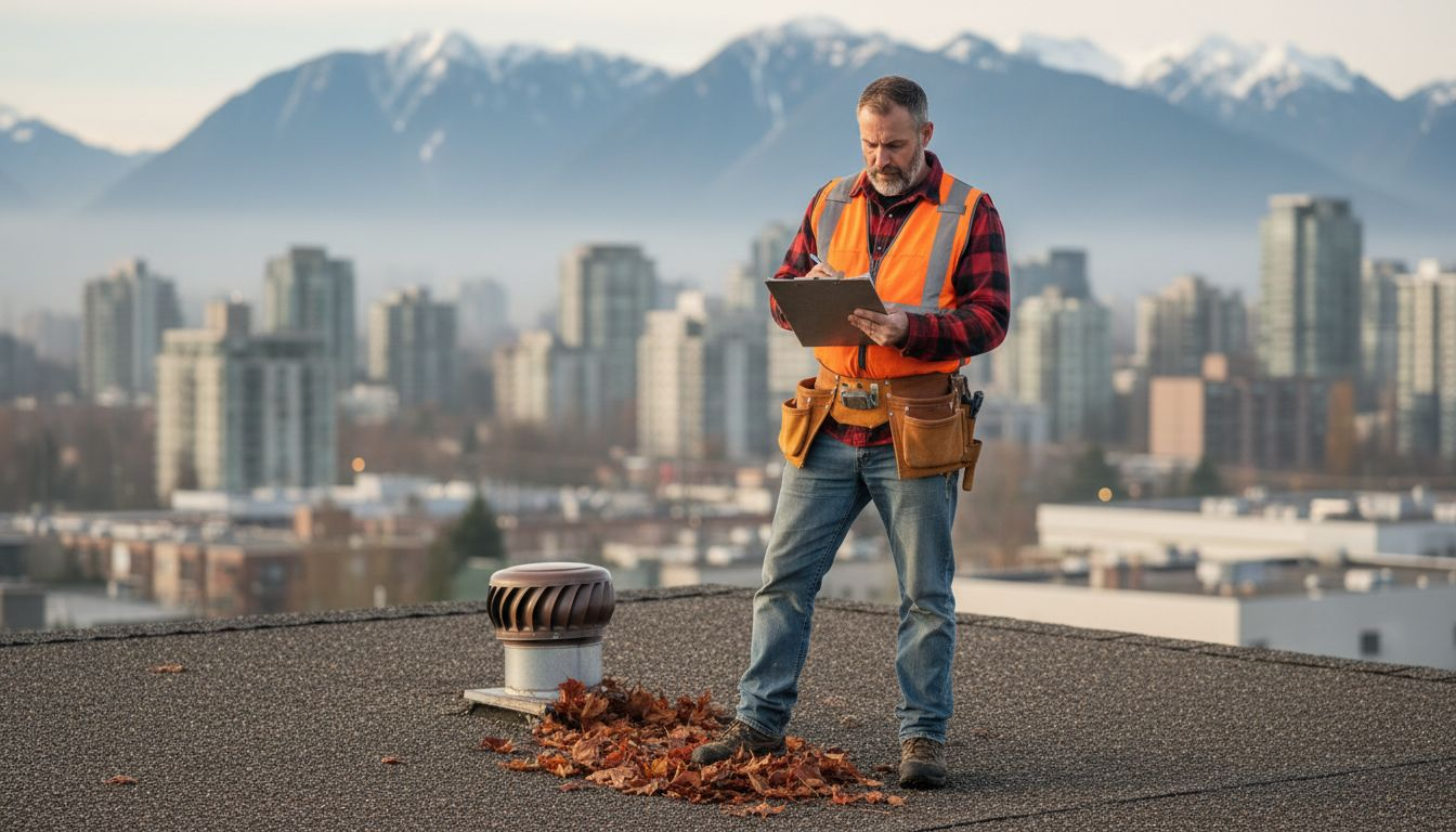 Inspector examining rooftop in Vancouver morning