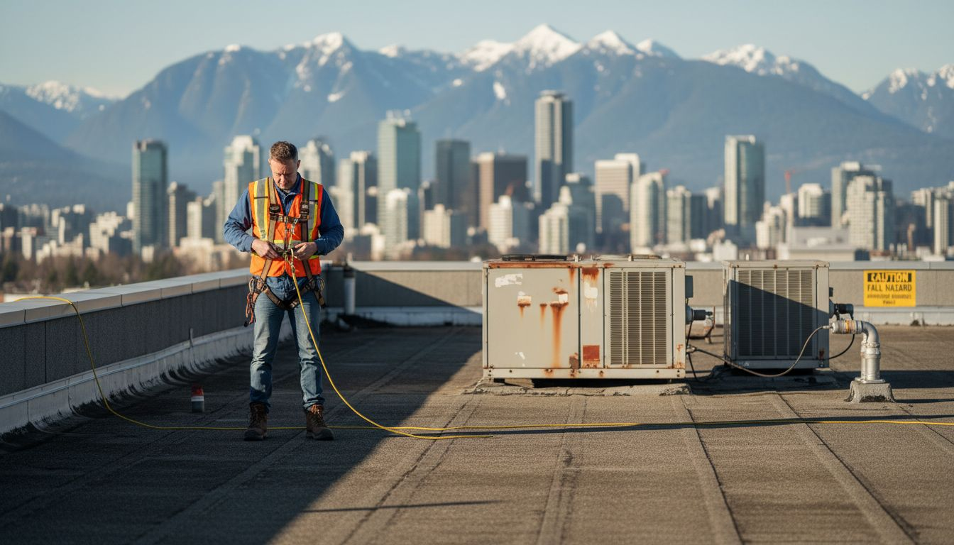 Building manager safely preparing roof inspection