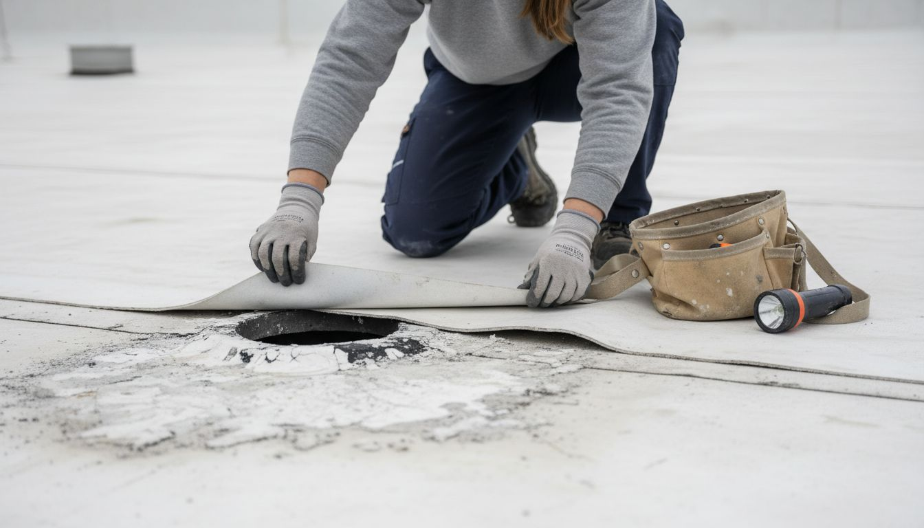 Technician inspecting roof membrane seam detail