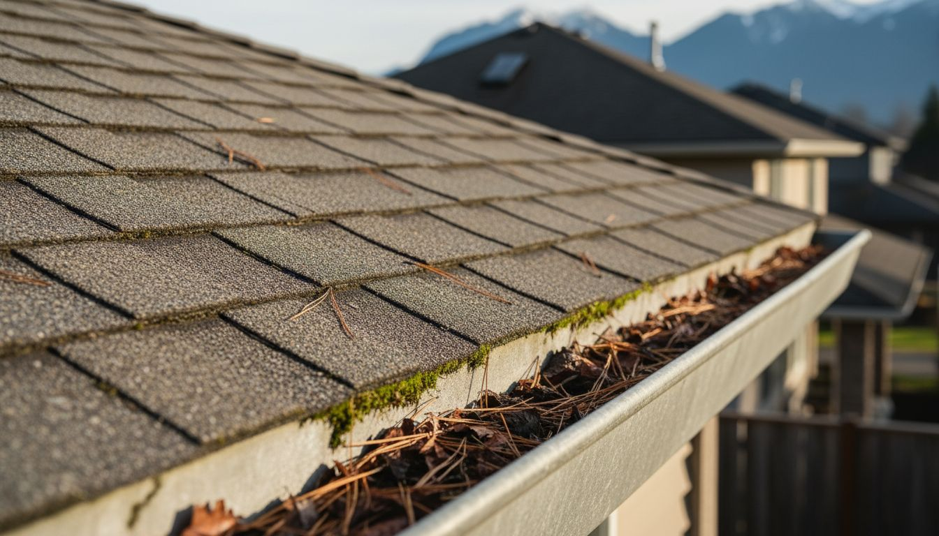 Worn asphalt shingles with moss and debris