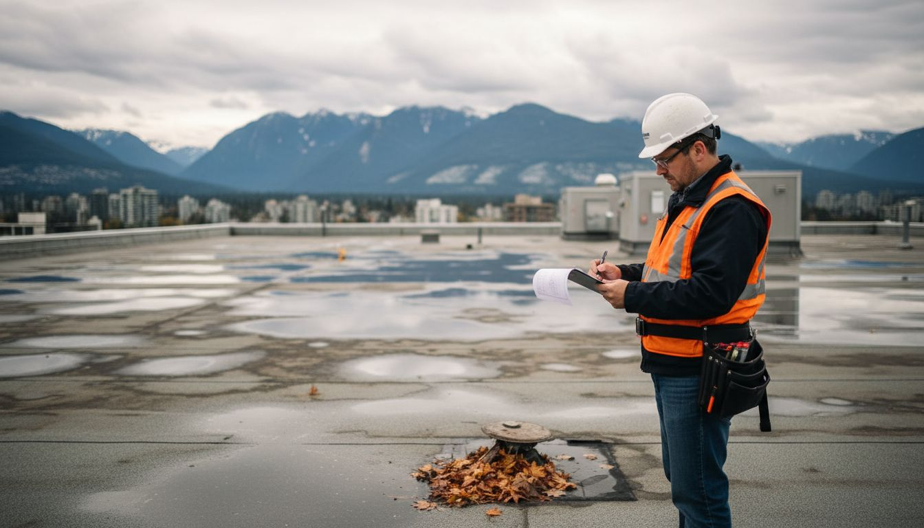 Contractor inspects BC commercial roof after rain