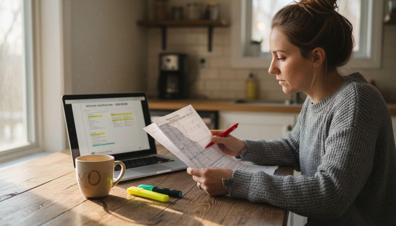 Homeowner reviews detailed roofing estimate at table