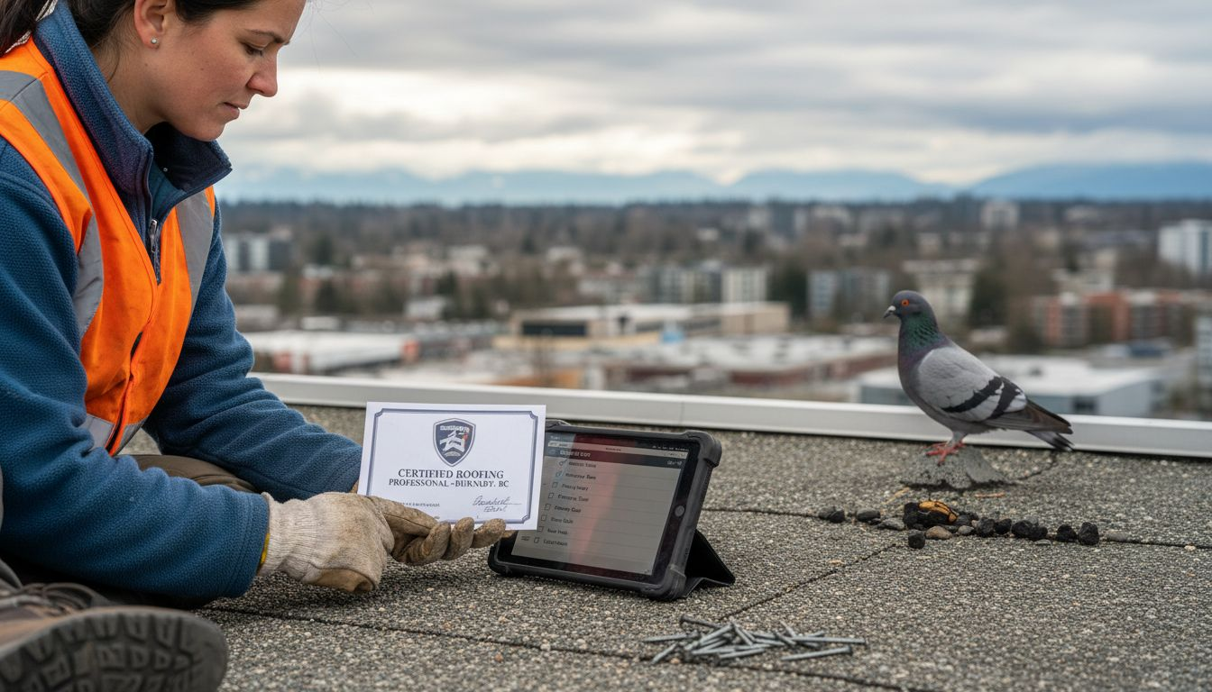 Inspector reviews certification documents on roof