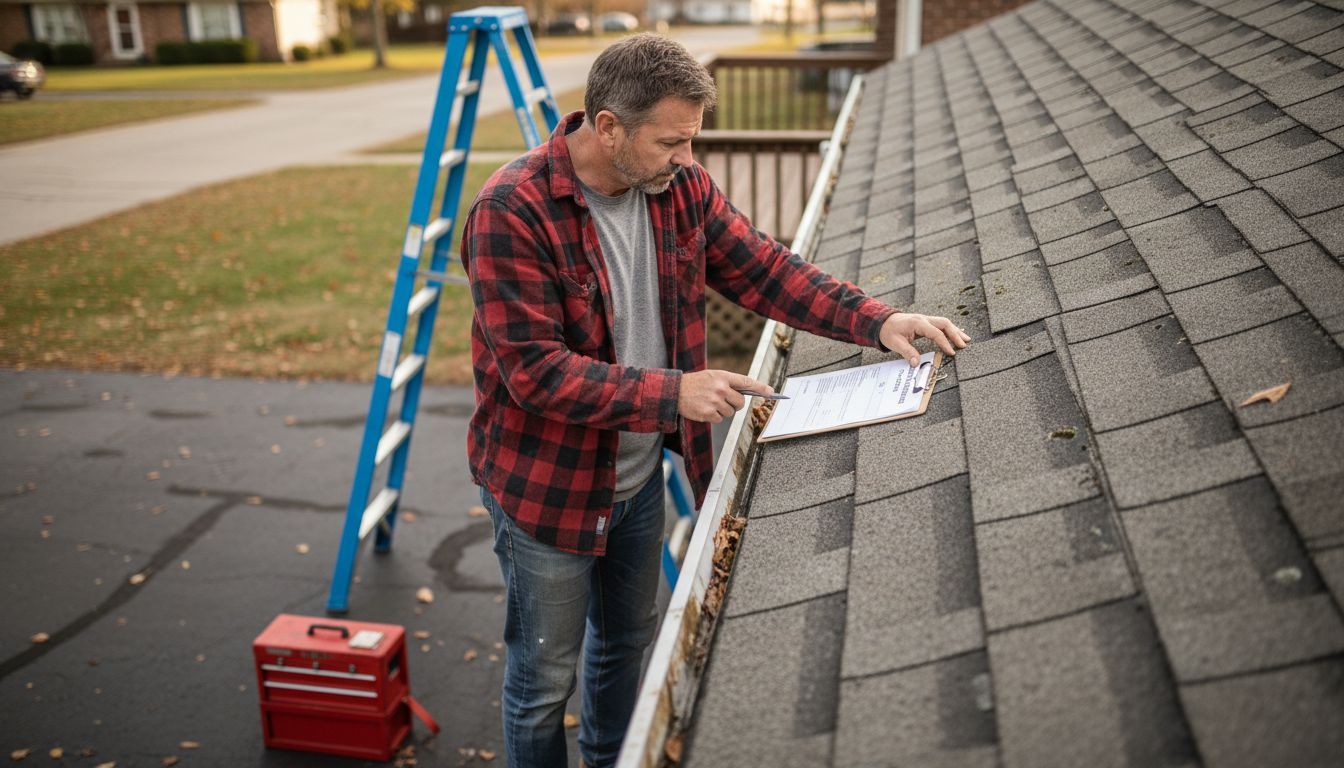 Roofer inspecting suburban house roof for damage