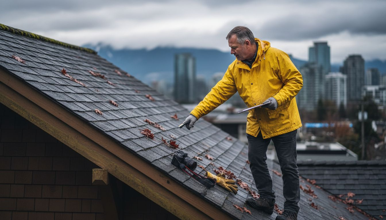 Roofer inspecting shingles on Vancouver roof