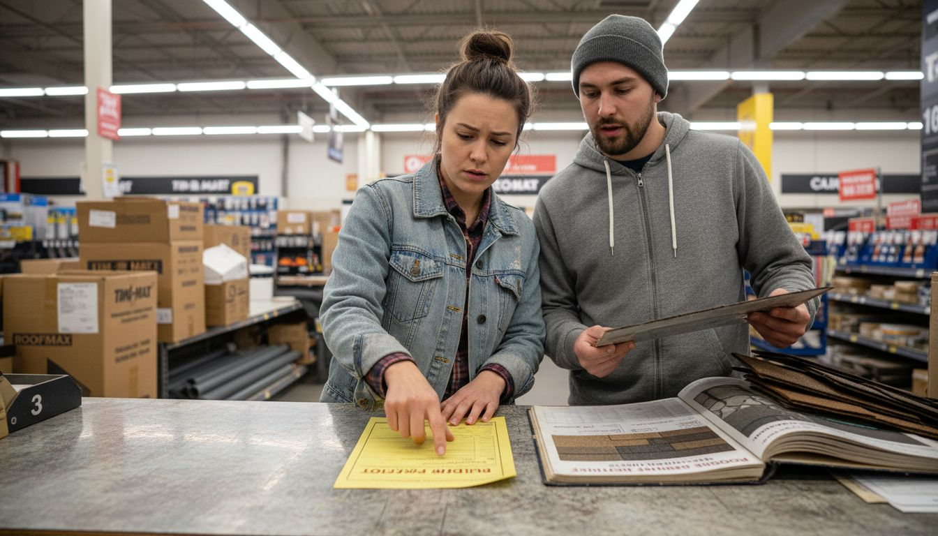 Homeowners selecting roofing materials with samples