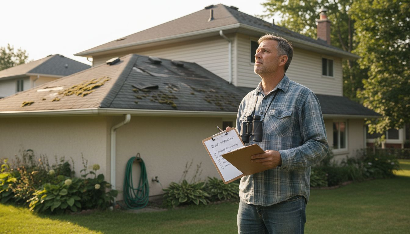 Homeowner inspecting roof for shingle moss damage