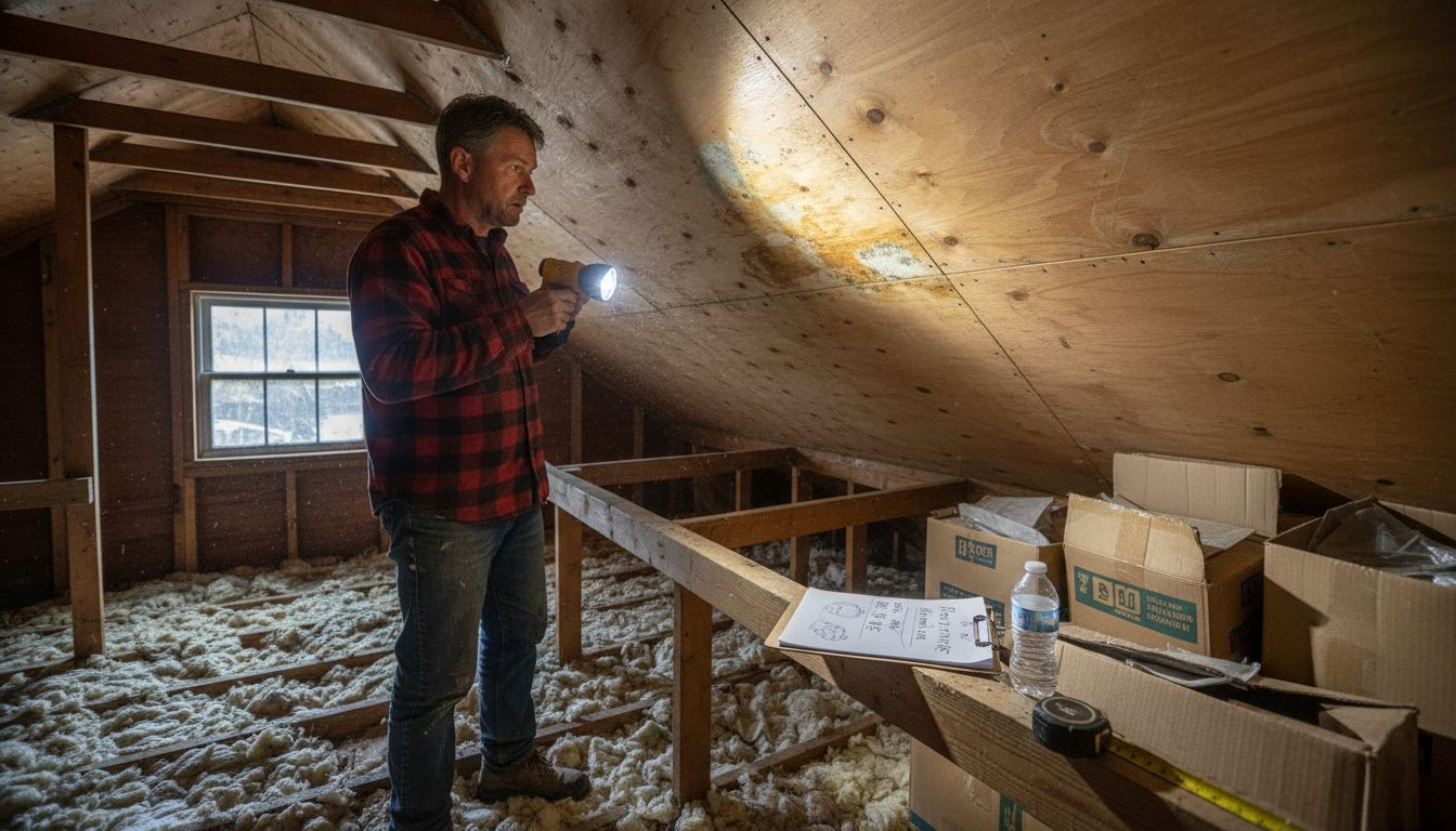 Homeowner inspecting attic for roof repair budget